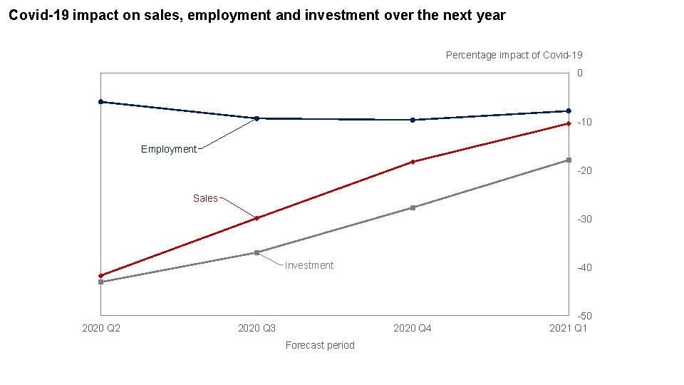 Covid-19 impact on sales, employment and investment over the next year Percentage impact of