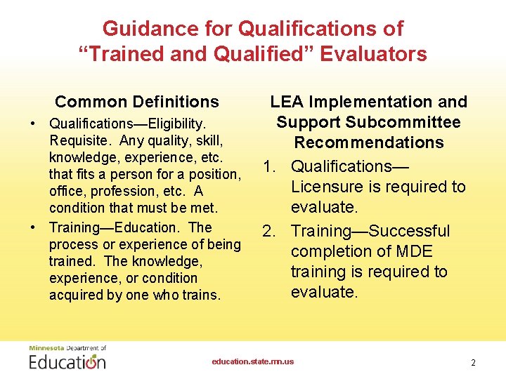 Guidance for Qualifications of “Trained and Qualified” Evaluators Common Definitions • Qualifications—Eligibility. Requisite. Any