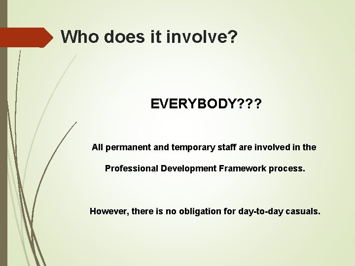Who does it involve? EVERYBODY? ? ? All permanent and temporary staff are involved Who does it involve? EVERYBODY? ? ? All permanent and temporary staff are involved