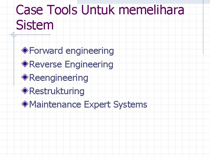 Case Tools Untuk memelihara Sistem Forward engineering Reverse Engineering Reengineering Restrukturing Maintenance Expert Systems