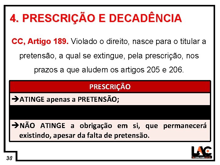 38 4. PRESCRIÇÃO E DECADÊNCIA CC, Artigo 189. Violado o direito, nasce para o