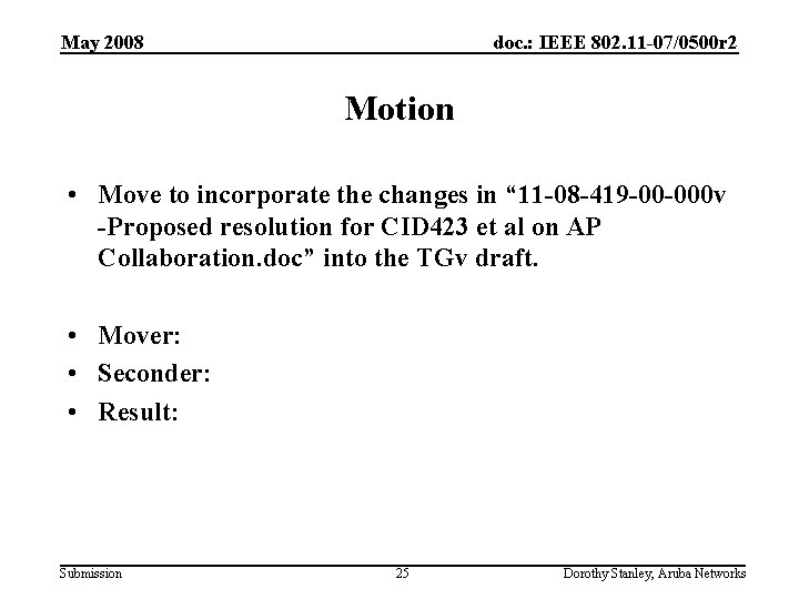 May 2008 doc. : IEEE 802. 11 -07/0500 r 2 Motion • Move to