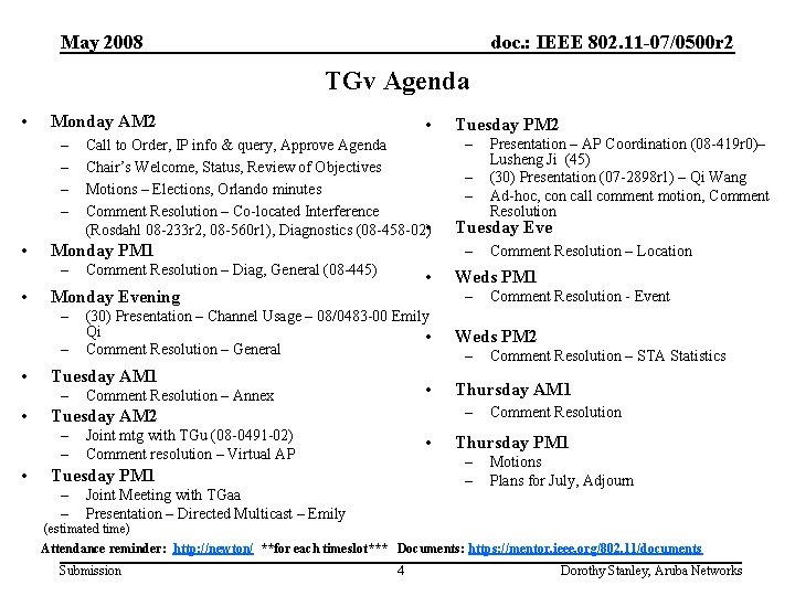 May 2008 doc. : IEEE 802. 11 -07/0500 r 2 TGv Agenda • Monday