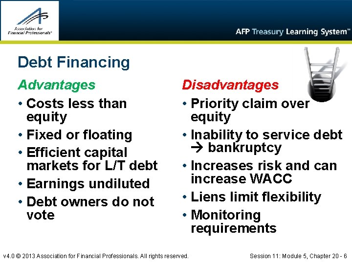 Debt Financing Advantages • Costs less than equity • Fixed or floating • Efficient