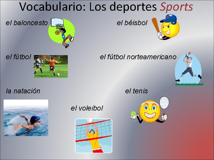 Vocabulario: Los deportes Sports el baloncesto el fútbol el béisbol el fútbol norteamericano la