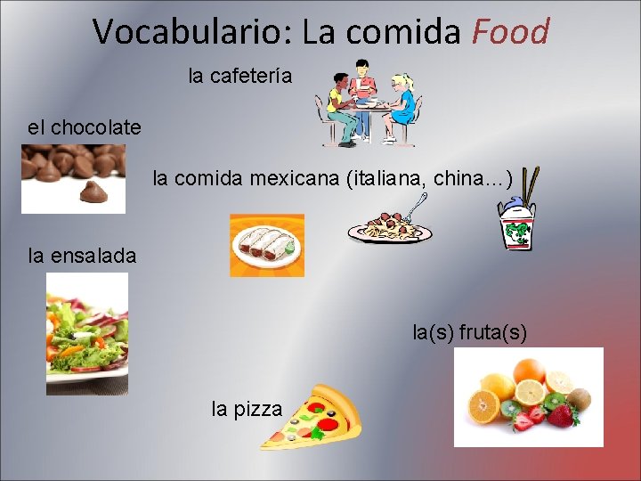 Vocabulario: La comida Food la cafetería el chocolate la comida mexicana (italiana, china…) la