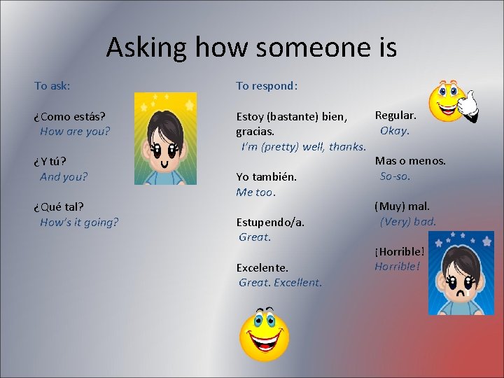 Asking how someone is To ask: To respond: ¿Como estás? How are you? Regular.