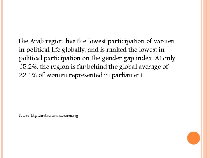 The Arab region has the lowest participation of women in political life globally, and