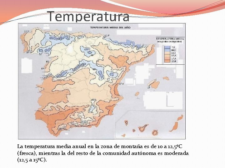 Temperatura La temperatura media anual en la zona de montaña es de 10 a