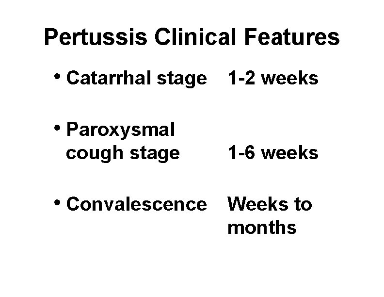 Pertussis Clinical Features • Catarrhal stage 1 -2 weeks • Paroxysmal cough stage •