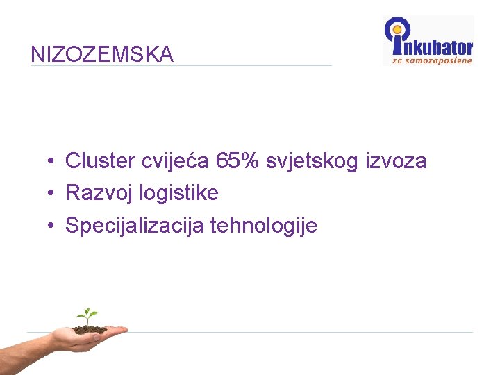 NIZOZEMSKA • Cluster cvijeća 65% svjetskog izvoza • Razvoj logistike • Specijalizacija tehnologije 