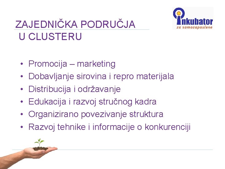 ZAJEDNIČKA PODRUČJA U CLUSTERU • • • Promocija – marketing Dobavljanje sirovina i repro