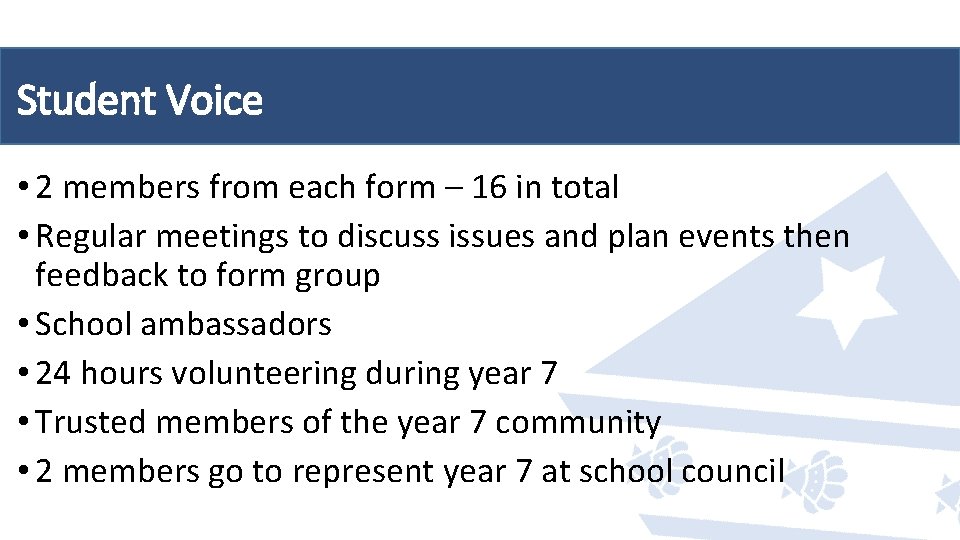 Student Voice • 2 members from each form – 16 in total • Regular Student Voice • 2 members from each form – 16 in total • Regular