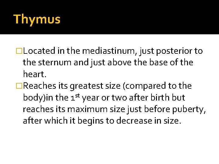 Thymus �Located in the mediastinum, just posterior to the sternum and just above the