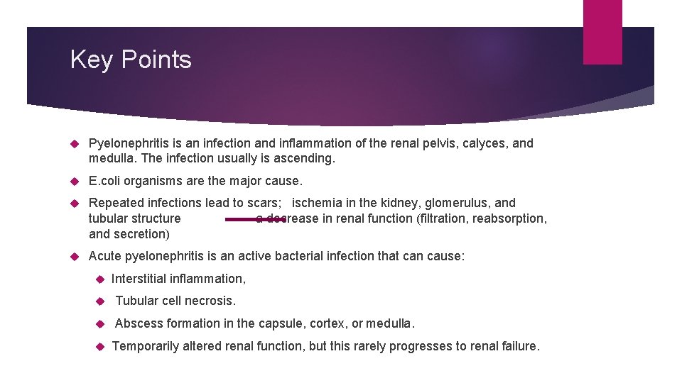 Key Points Pyelonephritis is an infection and inflammation of the renal pelvis, calyces, and