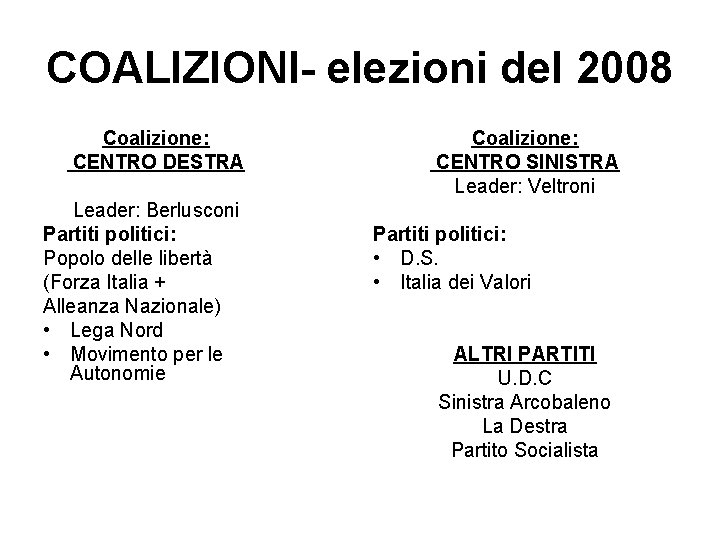 COALIZIONI- elezioni del 2008 Coalizione: CENTRO DESTRA Leader: Berlusconi Partiti politici: Popolo delle libertà