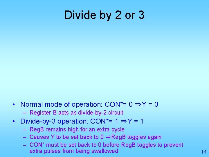 Divide by 2 or 3 • Normal mode of operation: CON*= 0 ⇒Y =