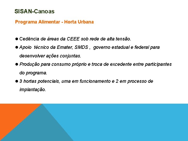 SISAN-Canoas Programa Alimentar - Horta Urbana Cedência de áreas da CEEE sob rede de SISAN-Canoas Programa Alimentar - Horta Urbana Cedência de áreas da CEEE sob rede de