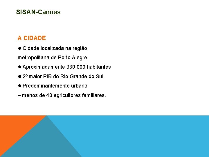 SISAN-Canoas A CIDADE Cidade localizada na região metropolitana de Porto Alegre Aproximadamente 330. 000 SISAN-Canoas A CIDADE Cidade localizada na região metropolitana de Porto Alegre Aproximadamente 330. 000