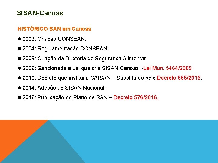 SISAN-Canoas HISTÓRICO SAN em Canoas 2003: Criação CONSEAN. 2004: Regulamentação CONSEAN. 2009: Criação da SISAN-Canoas HISTÓRICO SAN em Canoas 2003: Criação CONSEAN. 2004: Regulamentação CONSEAN. 2009: Criação da