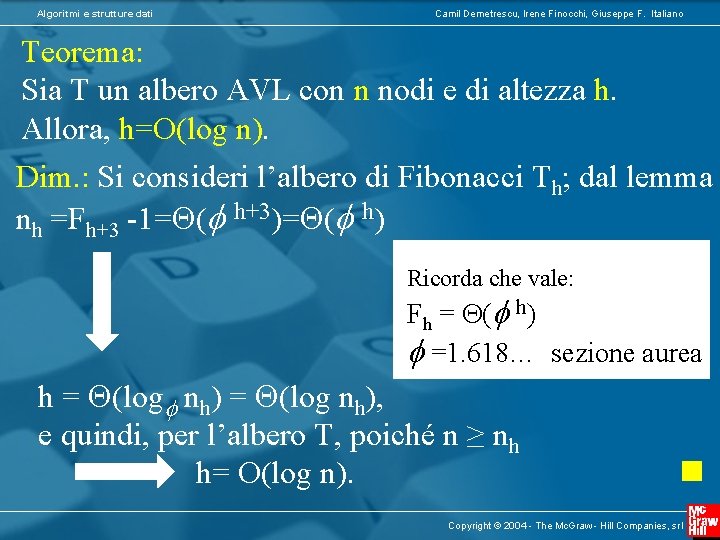 Algoritmi e strutture dati Camil Demetrescu, Irene Finocchi, Giuseppe F. Italiano Teorema: Sia T