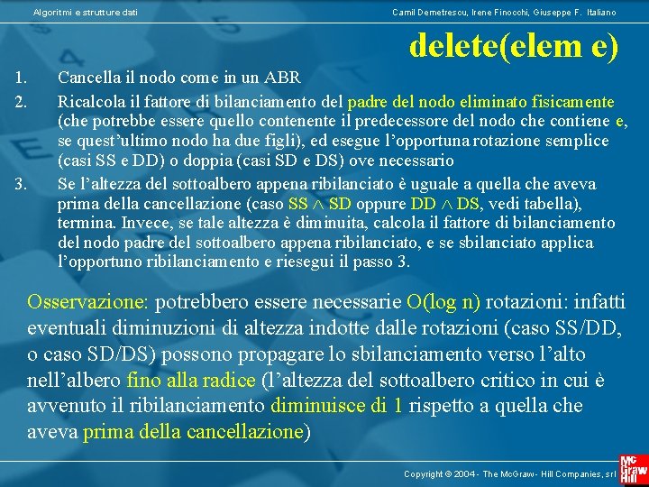 Algoritmi e strutture dati Camil Demetrescu, Irene Finocchi, Giuseppe F. Italiano delete(elem e) 1.