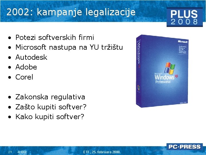 2002: kampanje legalizacije • • • Potezi softverskih firmi Microsoft nastupa na YU tržištu