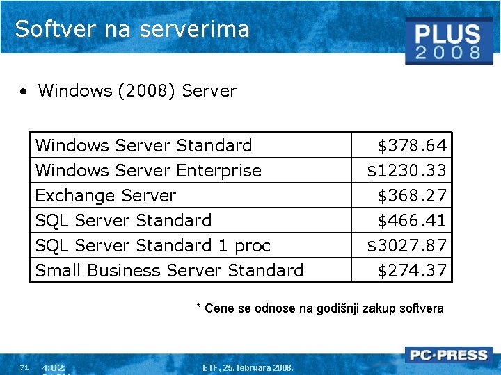 Softver na serverima • Windows (2008) Server Windows Server Standard Windows Server Enterprise Exchange