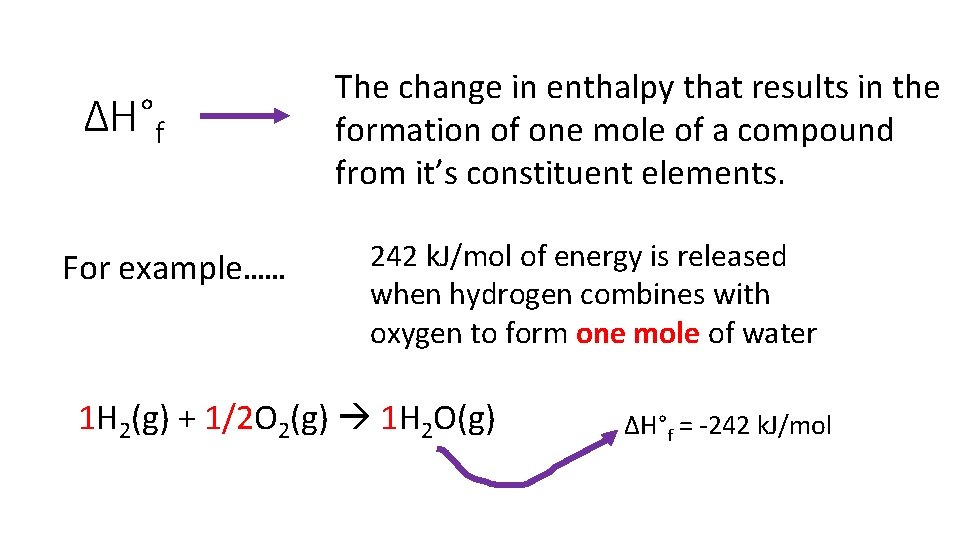 ΔH°f For example…… The change in enthalpy that results in the formation of one