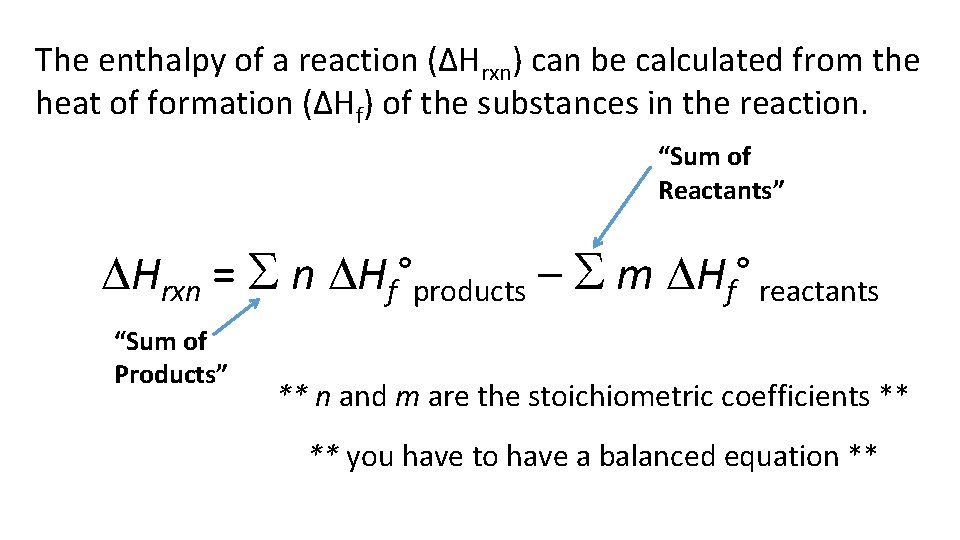 The enthalpy of a reaction (ΔHrxn) can be calculated from the heat of formation