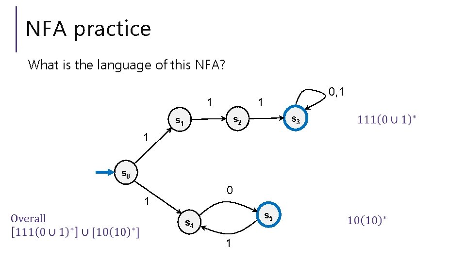 NFA practice What is the language of this NFA? 0, 1 1 1 s NFA practice What is the language of this NFA? 0, 1 1 1 s