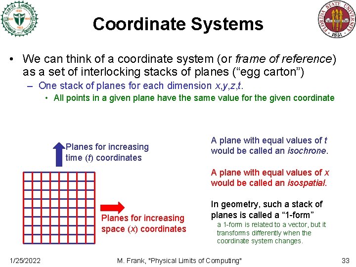Coordinate Systems • We can think of a coordinate system (or frame of reference)