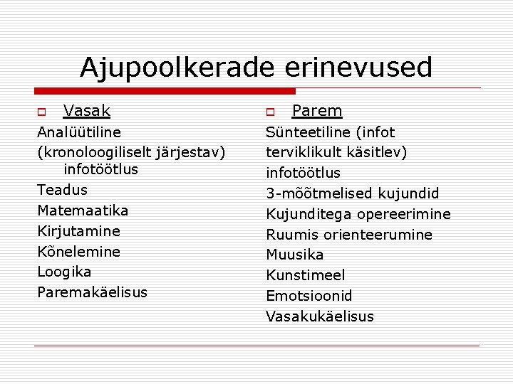 Ajupoolkerade erinevused o Vasak Analüütiline (kronoloogiliselt järjestav) infotöötlus Teadus Matemaatika Kirjutamine Kõnelemine Loogika Paremakäelisus