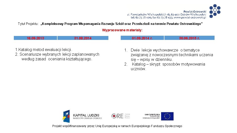 Tytuł Projektu: „Kompleksowy Program Wspomagania Rozwoju Szkół oraz Przedszkoli na terenie Powiatu Ostrowskiego” Wypracowane