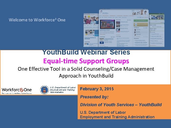 Welcome to Workforce 3 One Youth. Build Webinar Series Equal-time Support Groups One Effective