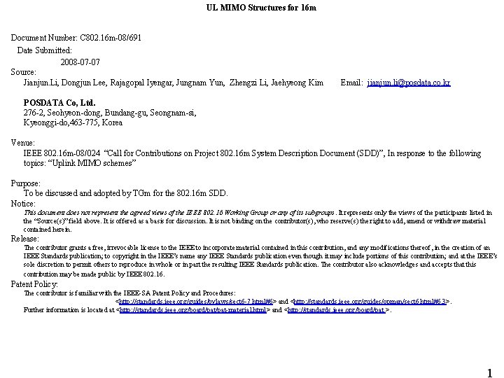 UL MIMO Structures for 16 m Document Number: C 802. 16 m-08/691 Date Submitted: