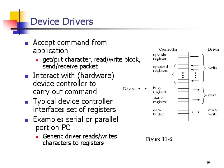 Device Drivers n Accept command from application n n get/put character, read/write block, send/receive