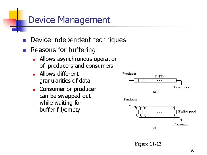Device Management n n Device-independent techniques Reasons for buffering n n n Allows asynchronous