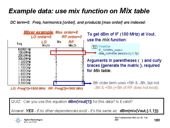 Example data: use mix function on Mix table DC term=0. Freq, harmonics [order], and