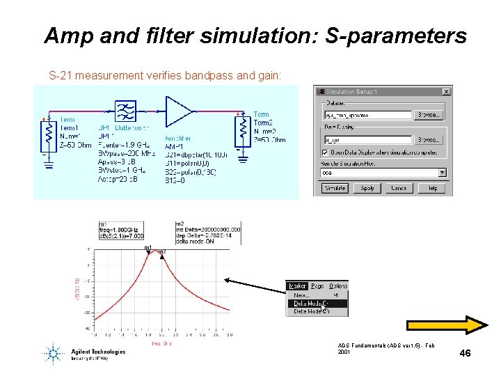 Amp and filter simulation: S-parameters S-21 measurement verifies bandpass and gain: ADS Fundamentals (ADS