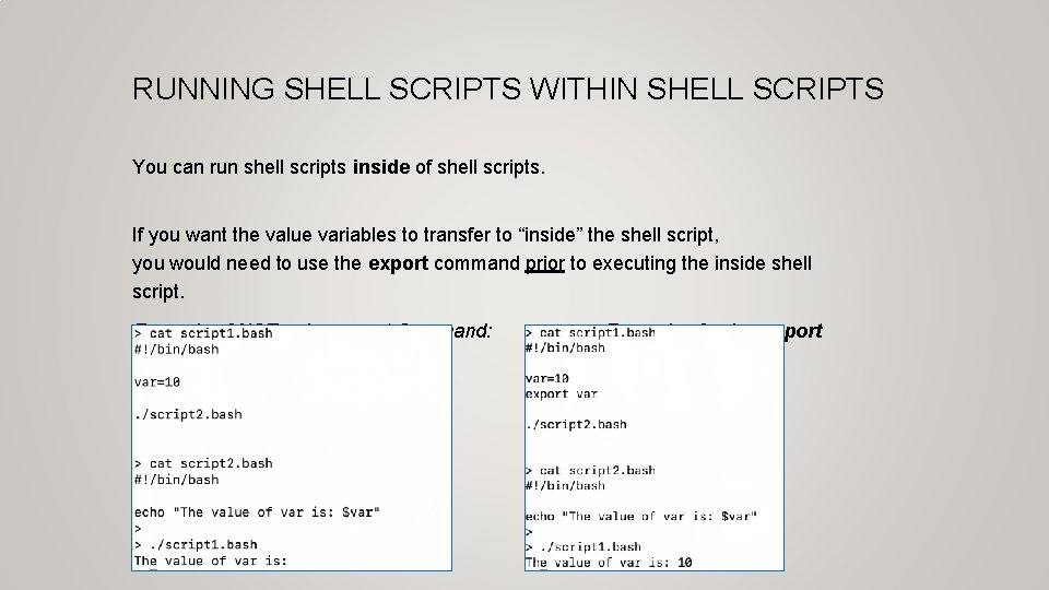 RUNNING SHELL SCRIPTS WITHIN SHELL SCRIPTS You can run shell scripts inside of shell