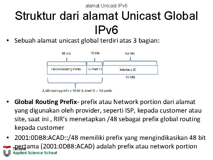 alamat Unicast IPv 6 Struktur dari alamat Unicast Global IPv 6 • Sebuah alamat