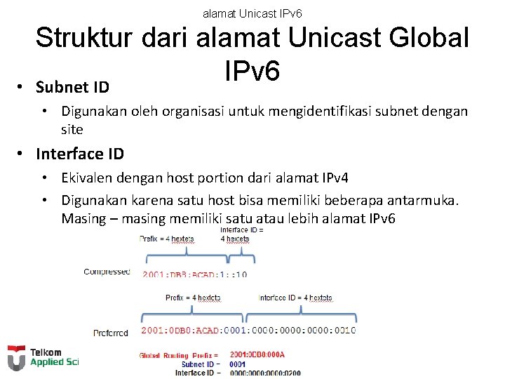 alamat Unicast IPv 6 • Struktur dari alamat Unicast Global IPv 6 Subnet ID