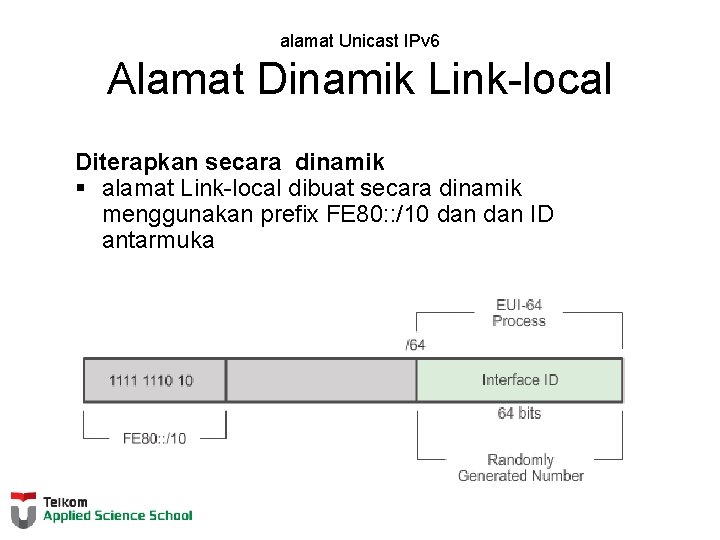 alamat Unicast IPv 6 Alamat Dinamik Link-local Diterapkan secara dinamik § alamat Link-local dibuat