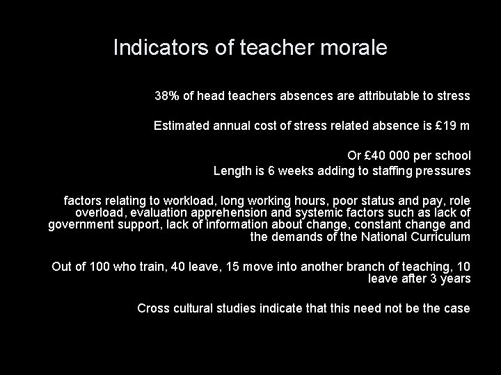 Indicators of teacher morale 38% of head teachers absences are attributable to stress Estimated
