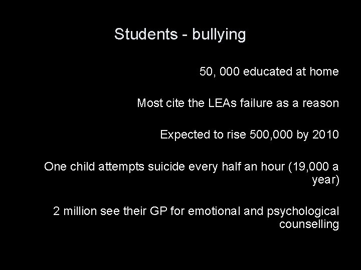 Students - bullying 50, 000 educated at home Most cite the LEAs failure as