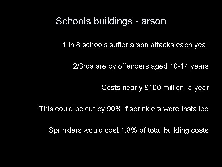 Schools buildings - arson 1 in 8 schools suffer arson attacks each year 2/3