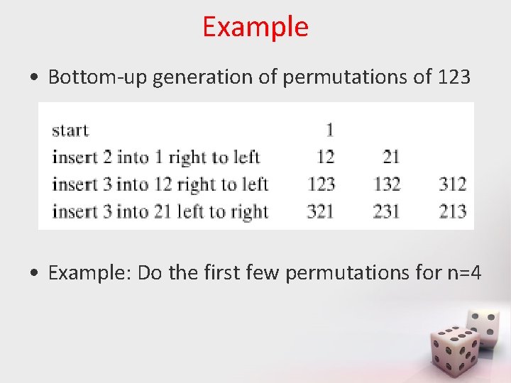 Example • Bottom-up generation of permutations of 123 • Example: Do the first few