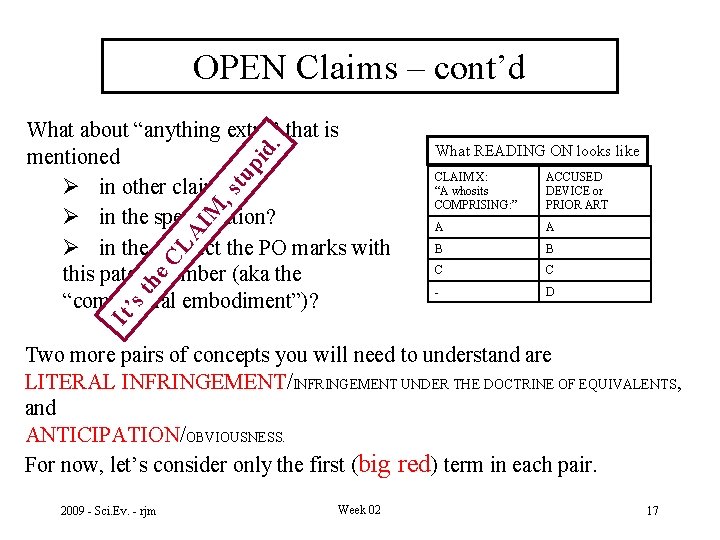 OPEN Claims – cont’d What READING ON looks like CLAIM X: “A whosits COMPRISING: