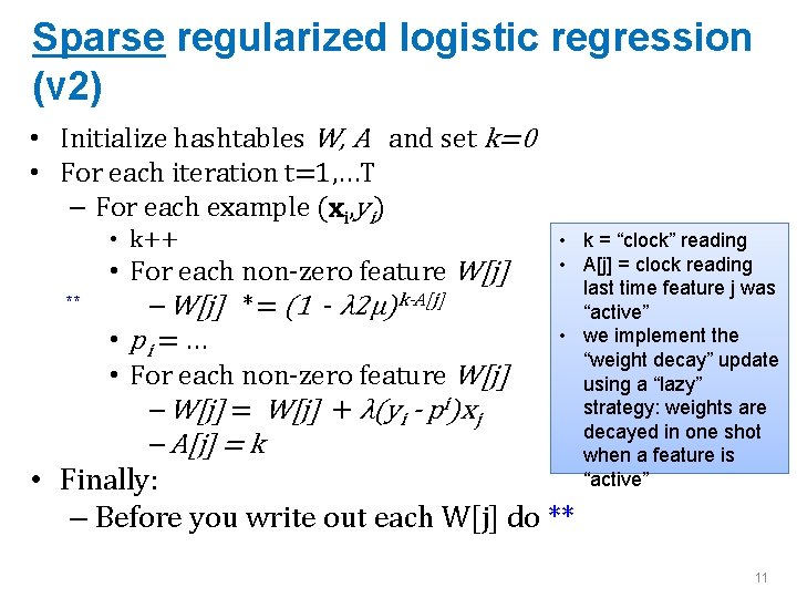 Sparse regularized logistic regression (v 2) • Initialize hashtables W, A and set k=0